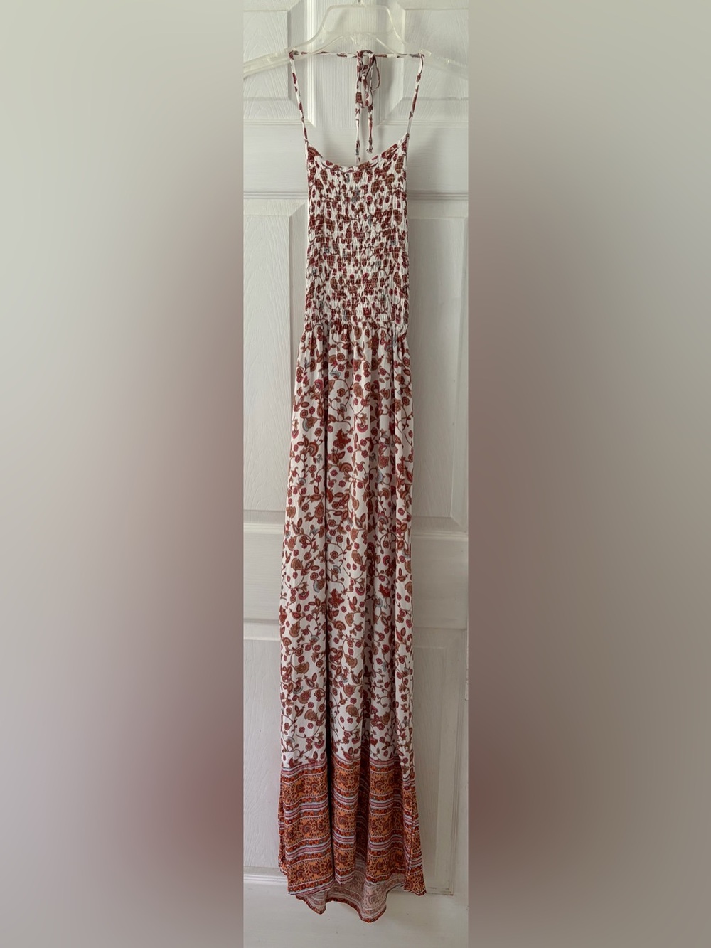 White Maxi Dress with Red and Brown Floral Print